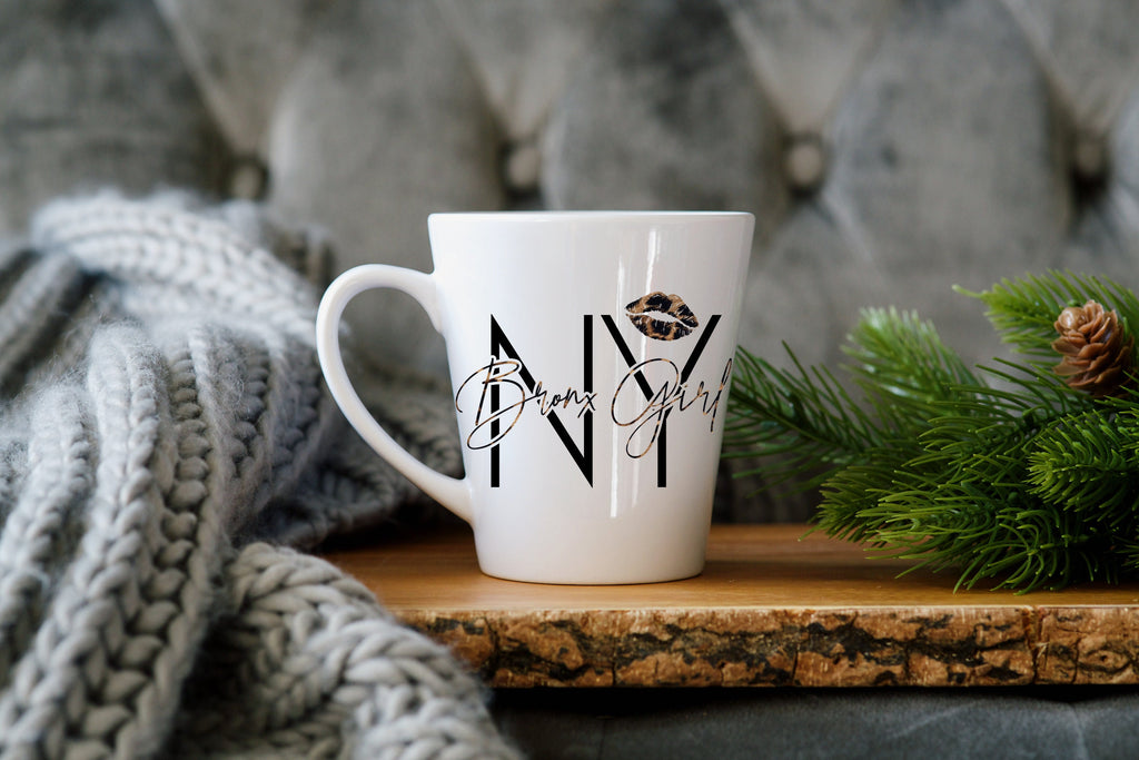 Bronx Girl Mug, NYC Native, Leopard Print Lipstick, 12 oz Ceramic