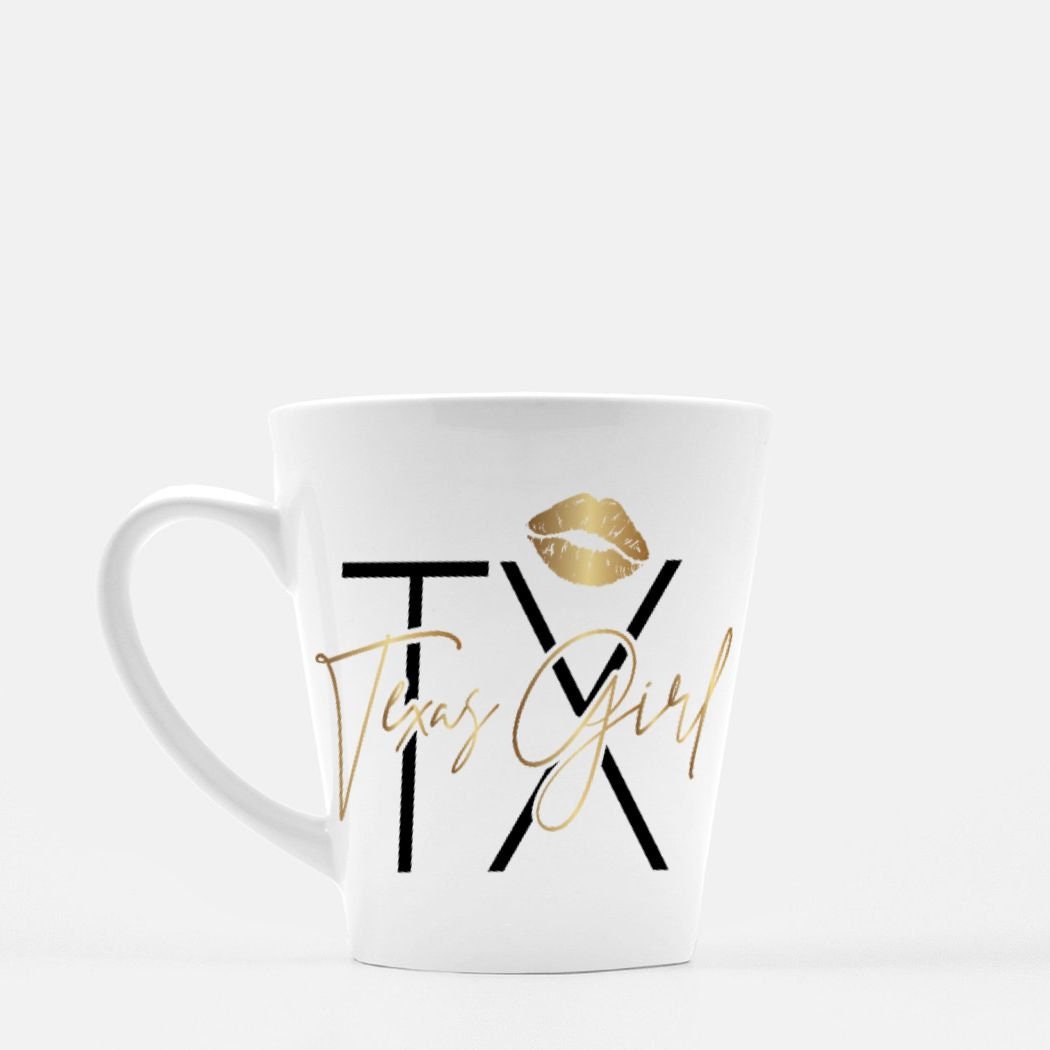 Texas Girl Gold Lipstick Mug Latte 12 oz. Custom Made Hometown TX Draft