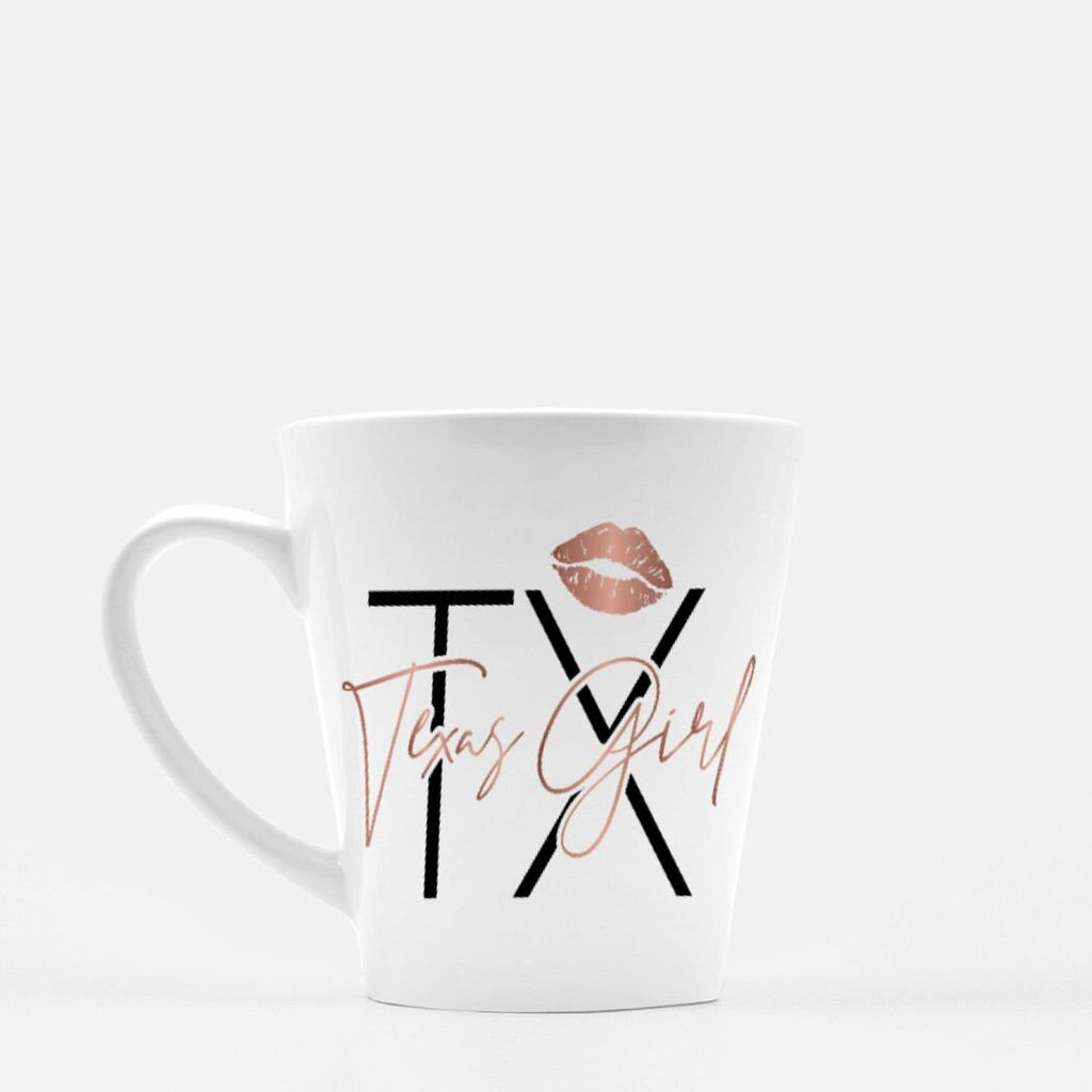 Texas Girl Rose Gold Lipstick Mug Latte 12 oz. Custom Made Hometown TX Draft