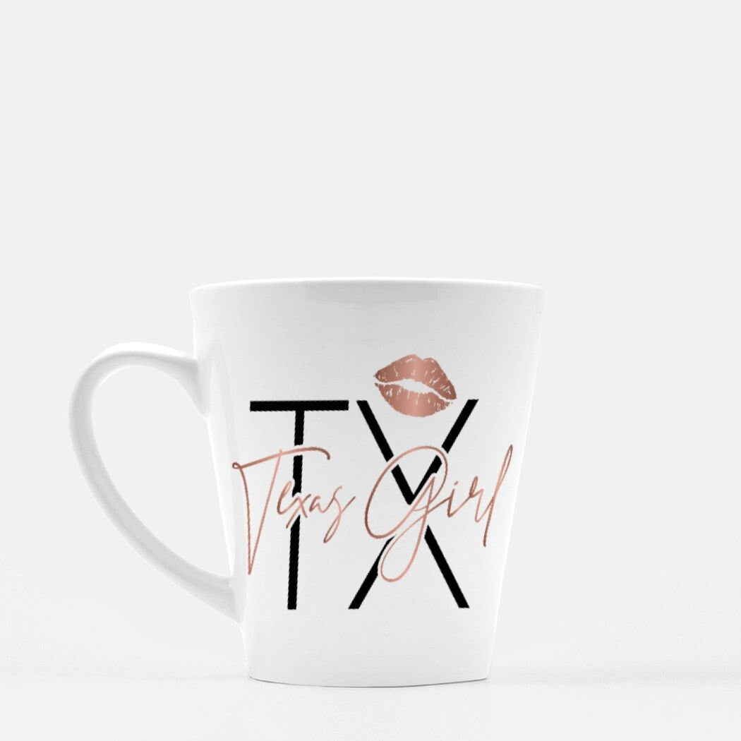 Texas Girl Rose Gold Lipstick Mug Latte 12 oz. Custom Made Hometown TX Draft