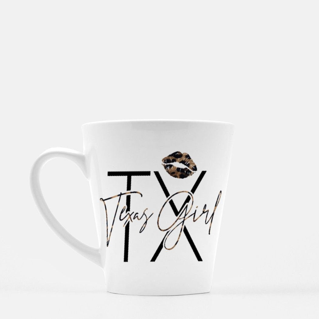 Texas Girl Leopard Print Lipstick Mug Latte 12 oz. Custom Made Hometown TX